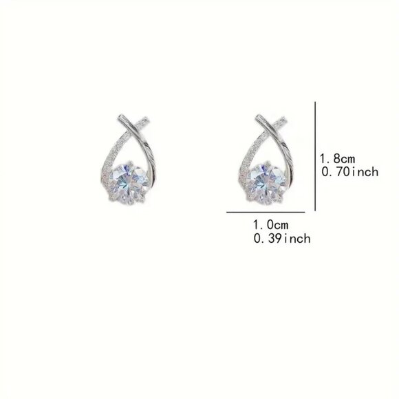 Earrings Rhinestone Criss Cross Teardrop Pierced Classy Minimalist Silver Glam - Picture 4 of 4